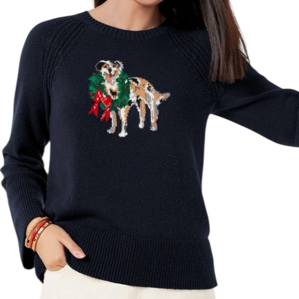 Talbots Navy Cotton Blend Aussie Dog Holiday Sweater